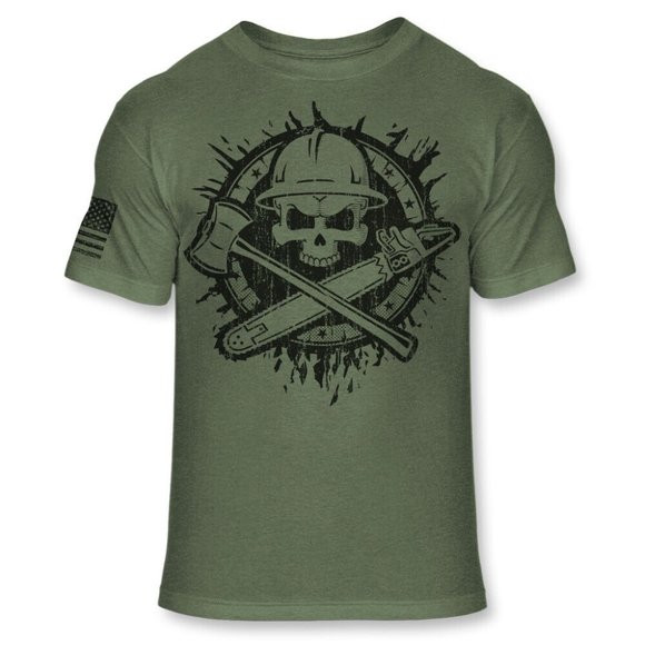 Logging T Shirt - Logger Lumberjack Skull American Flag Athletic T-Shirt - Picture 1 of 1